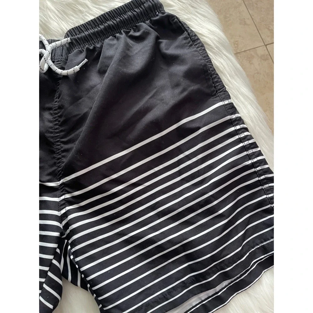 Swim Trunks Men's L  Large Black White Striped Elastic Drawstring Pockets Lined
